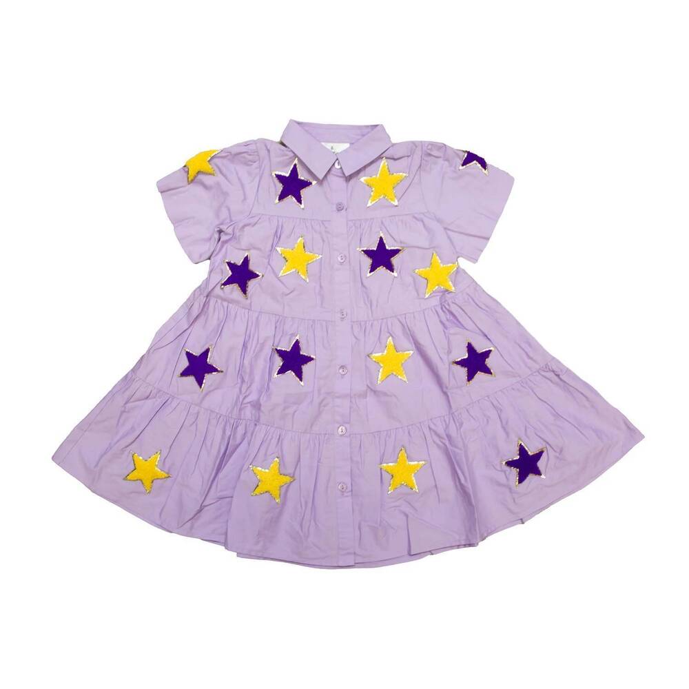 NEW BELLE CHER women's adult button collared dress in purple & yellow star